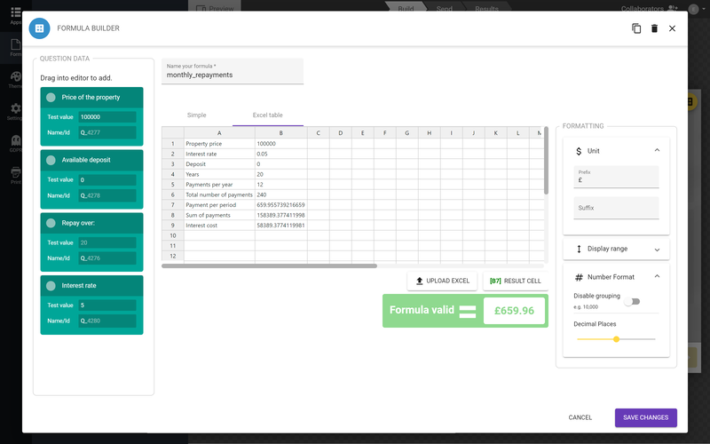 Tabela de estilo do Excel para calculadoras de construção